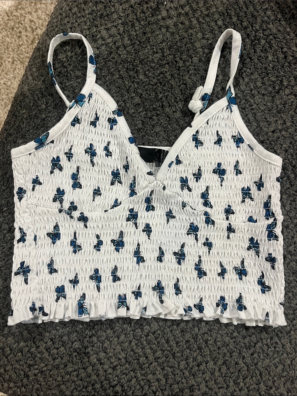 White Smocked Spaghetti Strap Crop Top with Blue Floral Print